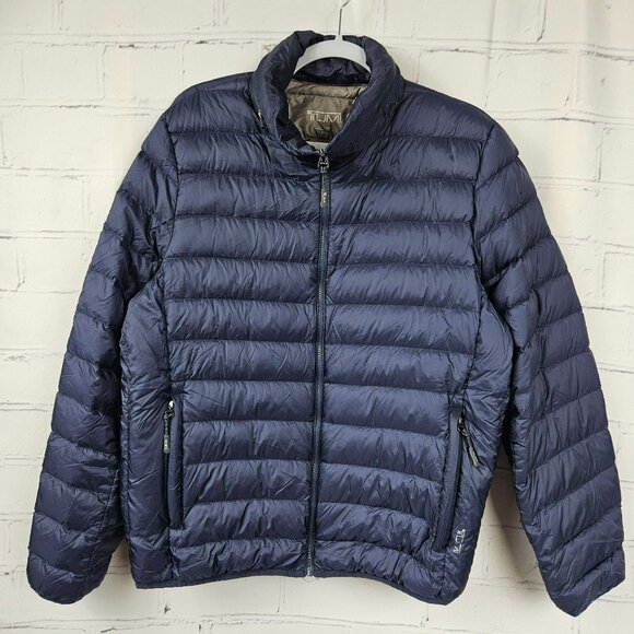 Tumi Mens L Packable Down Jacket Coat Pax Puffer Navy Lightweight Travel Pillow - Picture 1 of 16